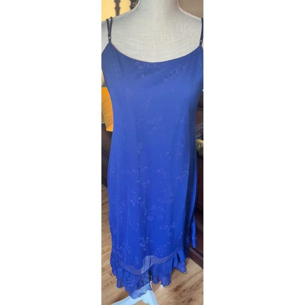 Vtg 90s City Triangles M Blue Floral Ruffle Hem Asymmetrical Midi Slip Dress